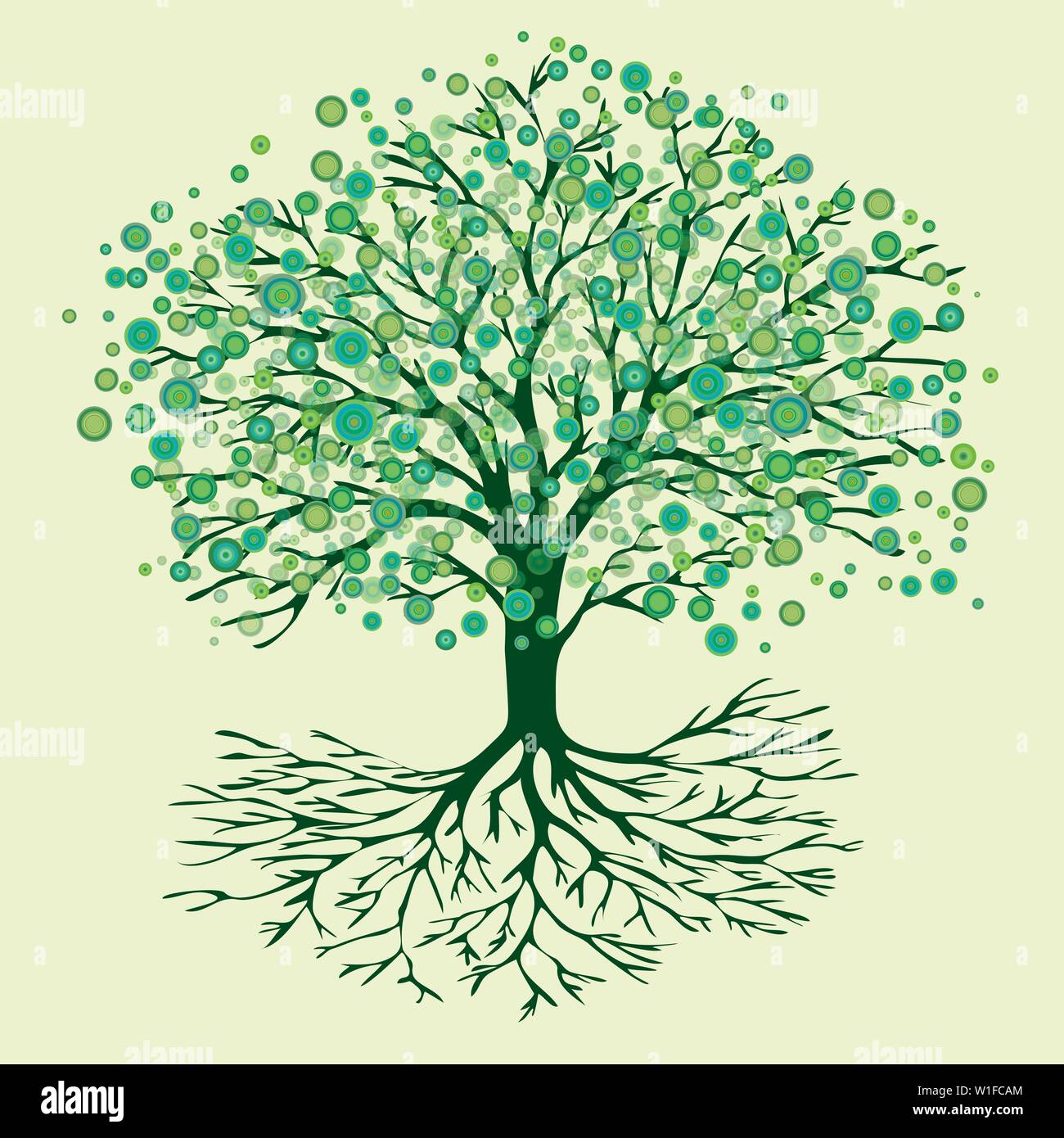 Una illustrazione vettoriale di un albero della vita con abstract round fiori verdi Illustrazione Vettoriale