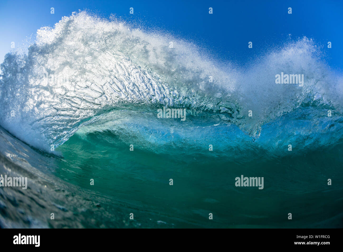 Ocean nuoto closeup cava onde si infrangono danza di acqua verso la lente della fotocamera. Foto Stock