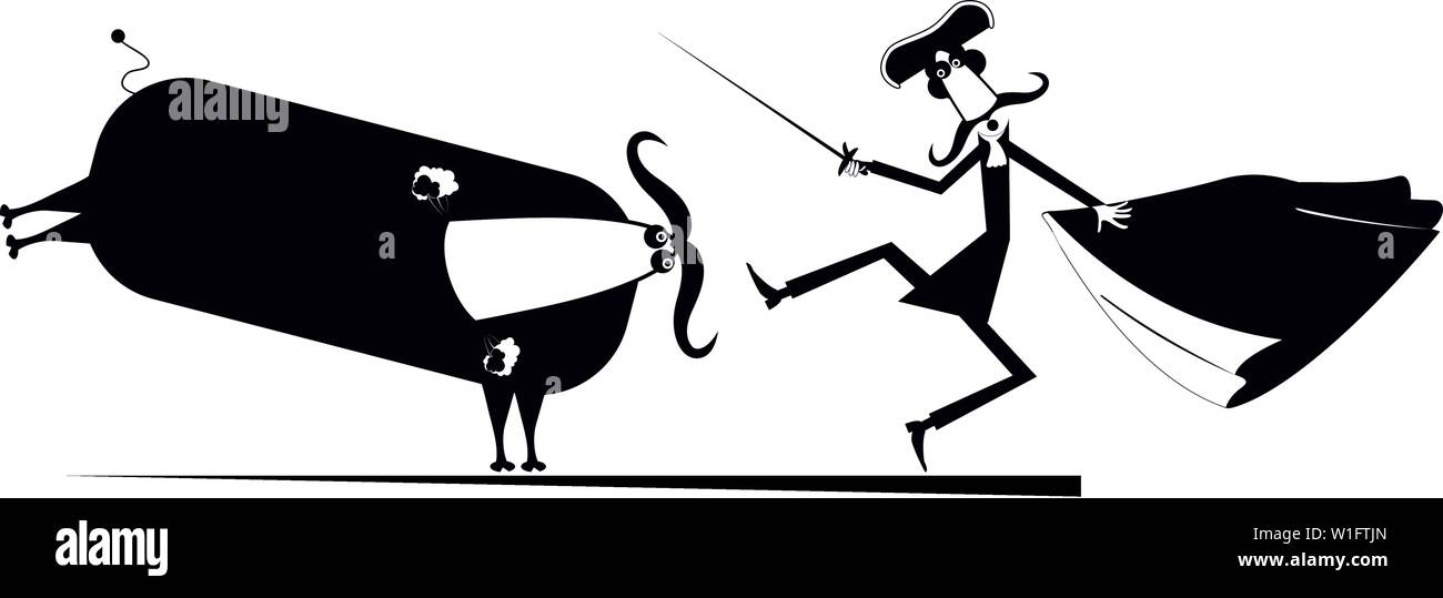 Cartoon lungo i baffi torero detiene una spada, matador cape e arrabbiato bull nero su bianco illustrazione Illustrazione Vettoriale