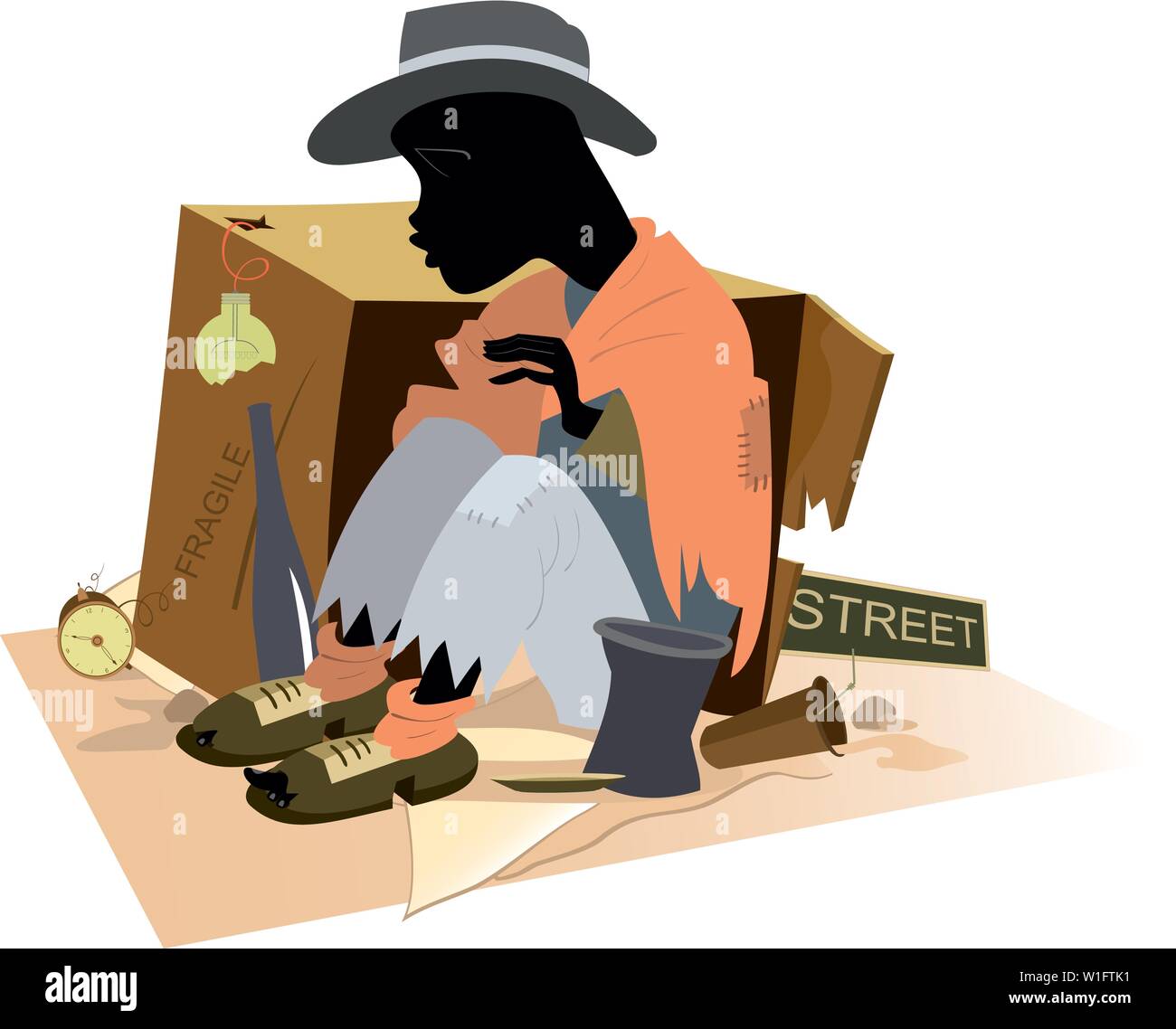 L'uomo africano senzatetto isolato. Fame e refrigerate uomo africano si siede vicino alla scatola di cartone Illustrazione Vettoriale
