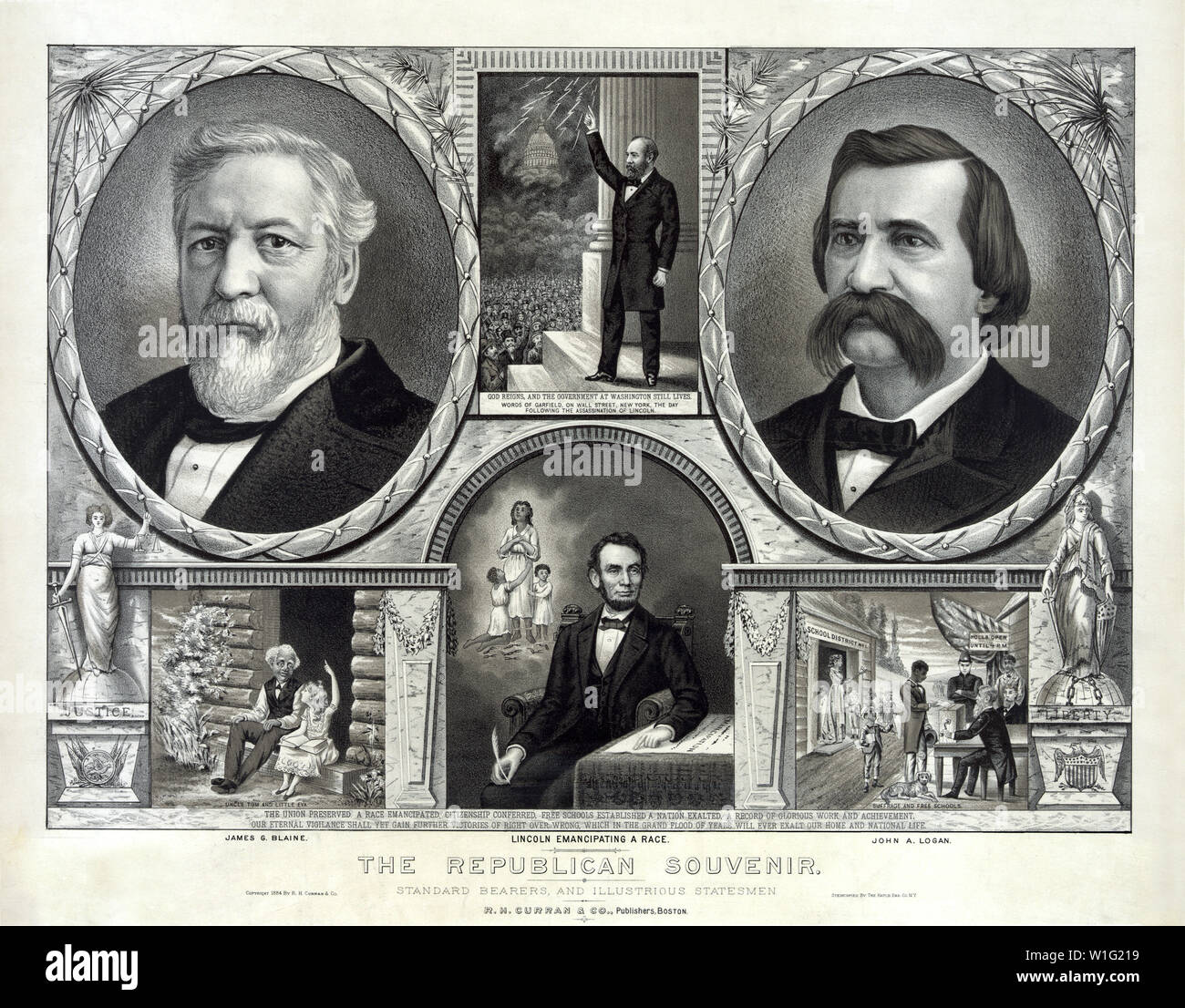 Campagna Banner per 1884 elezioni presidenziali, biglietto repubblicano, presidenziali e candidati Vice-Presidential James G. Blaine e John A. Logan, 'Il Souvenir repubblicano, Alfieri e illustri uomini di Stato', litografia, LATO DESTRO Curran & Co. Editore, 1884 Foto Stock