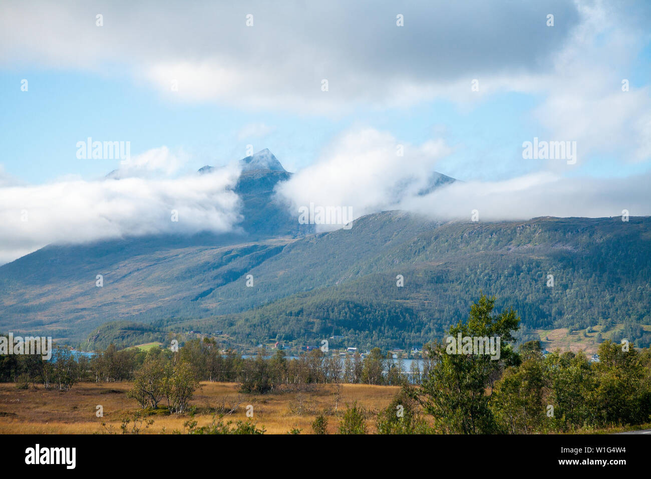 Bellissimo panorama con vista sul fiordo e le montagne sull isola di Senja, Norvegia Foto Stock