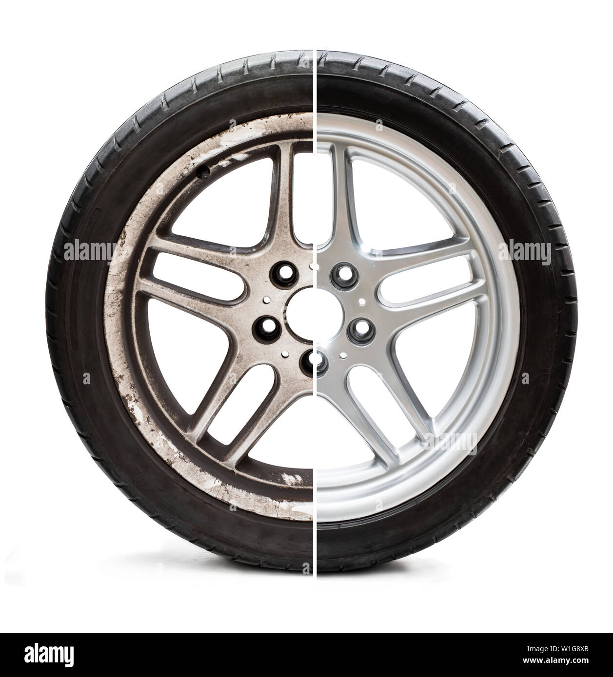 Immagine di un vecchio pneumatico rinnovato mostra prima e dopo il concetto di condizioni di restauro o di miglioramento Foto Stock