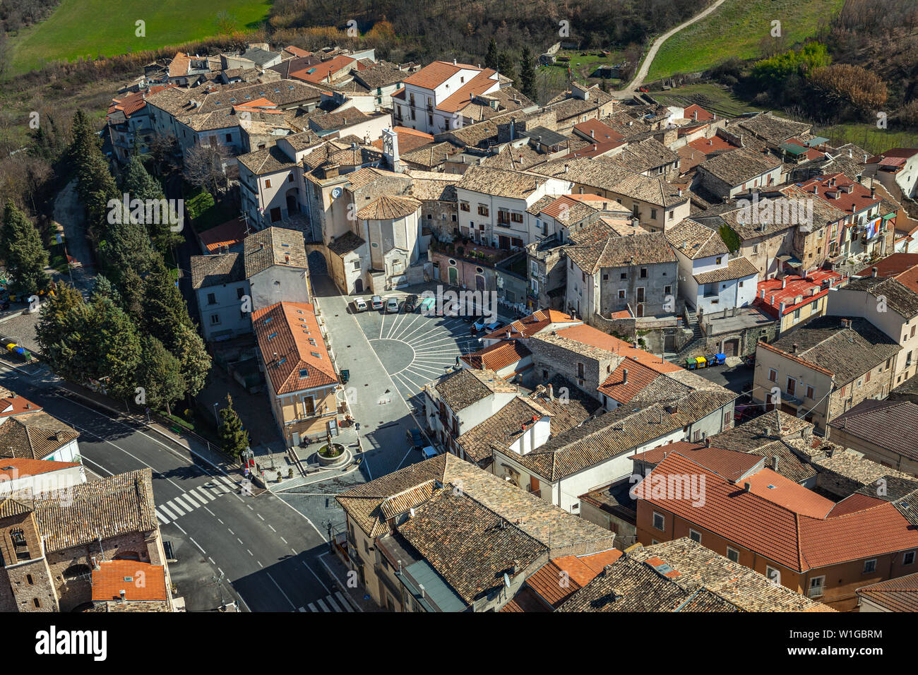 Veduta aerea di Corfinio, antica capitale della Lega Italica. Abruzzo, Italia, Europa Foto Stock