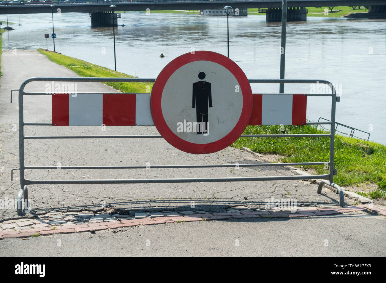 Conseguenze delle inondazioni del fiume Vistola/Visla dopo le pesanti tempeste nel sud della Polonia verso la fine di maggio 2019,Cracovia,Polonia, l'Europa. Foto Stock