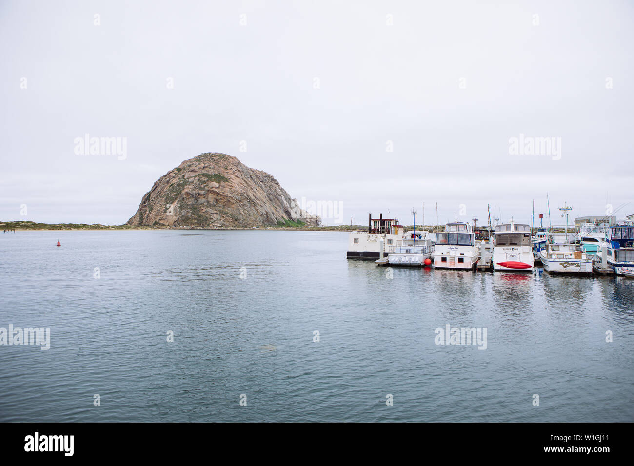 Barche nelle banchine e Morro Rock a Morro Bay Beach, overcast Day, California, Stati Uniti Foto Stock