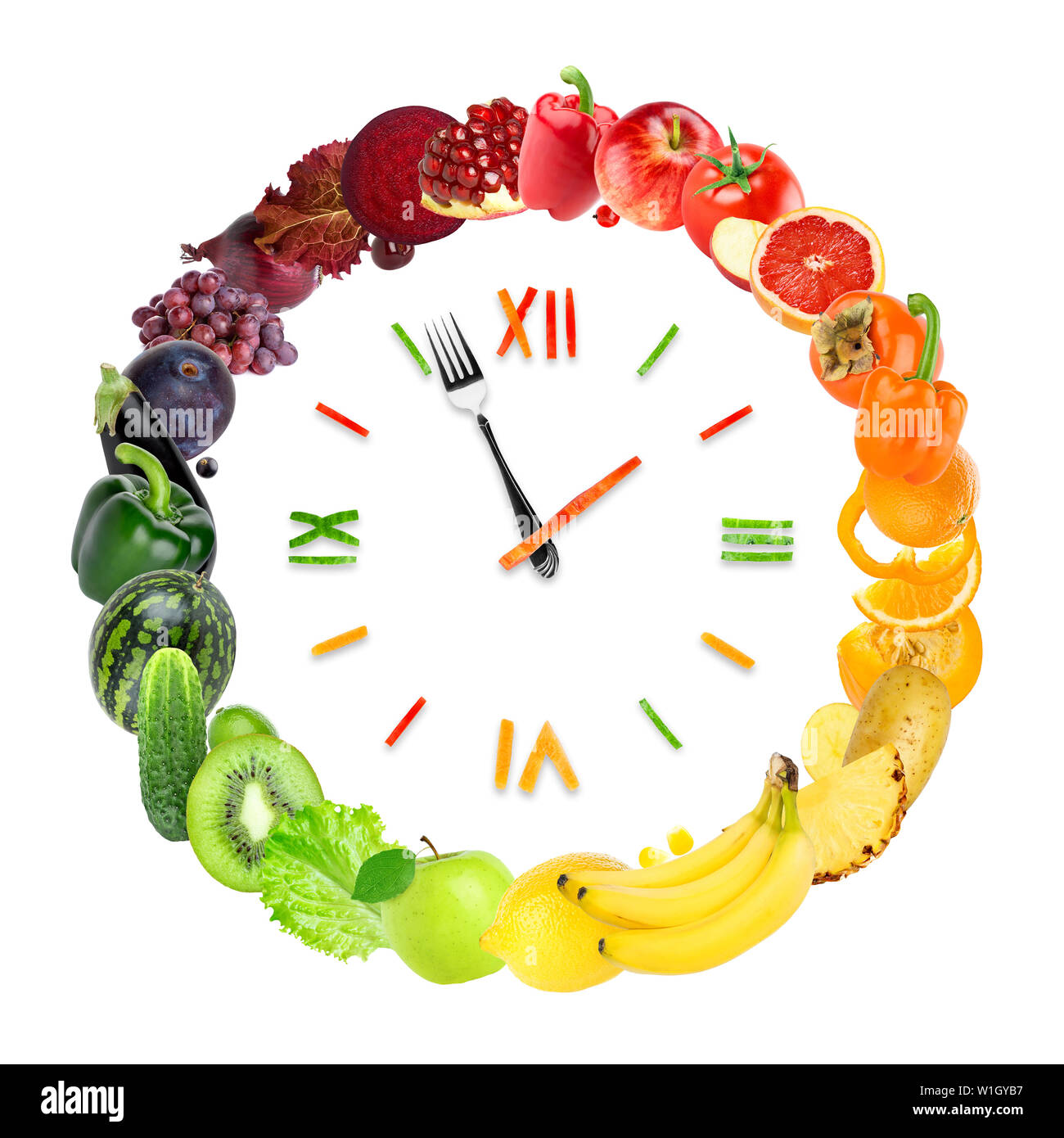Orologio alimentare con frutta fresca e verdura. Cibo sano Foto Stock