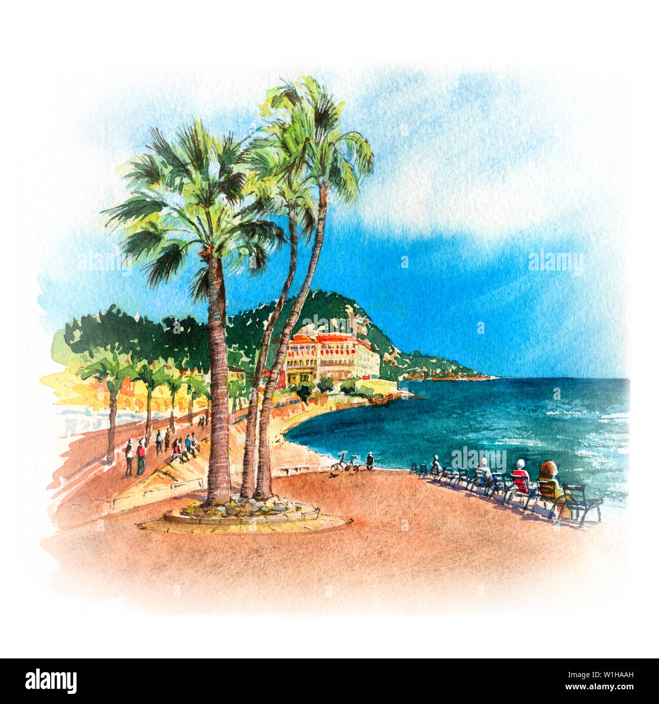 Disegno ad acquerello del Promenade des Anglais nella soleggiata giornata estiva con cielo blu, Nizza, Riviera Francese, Cote d'Azur, in Francia Foto Stock