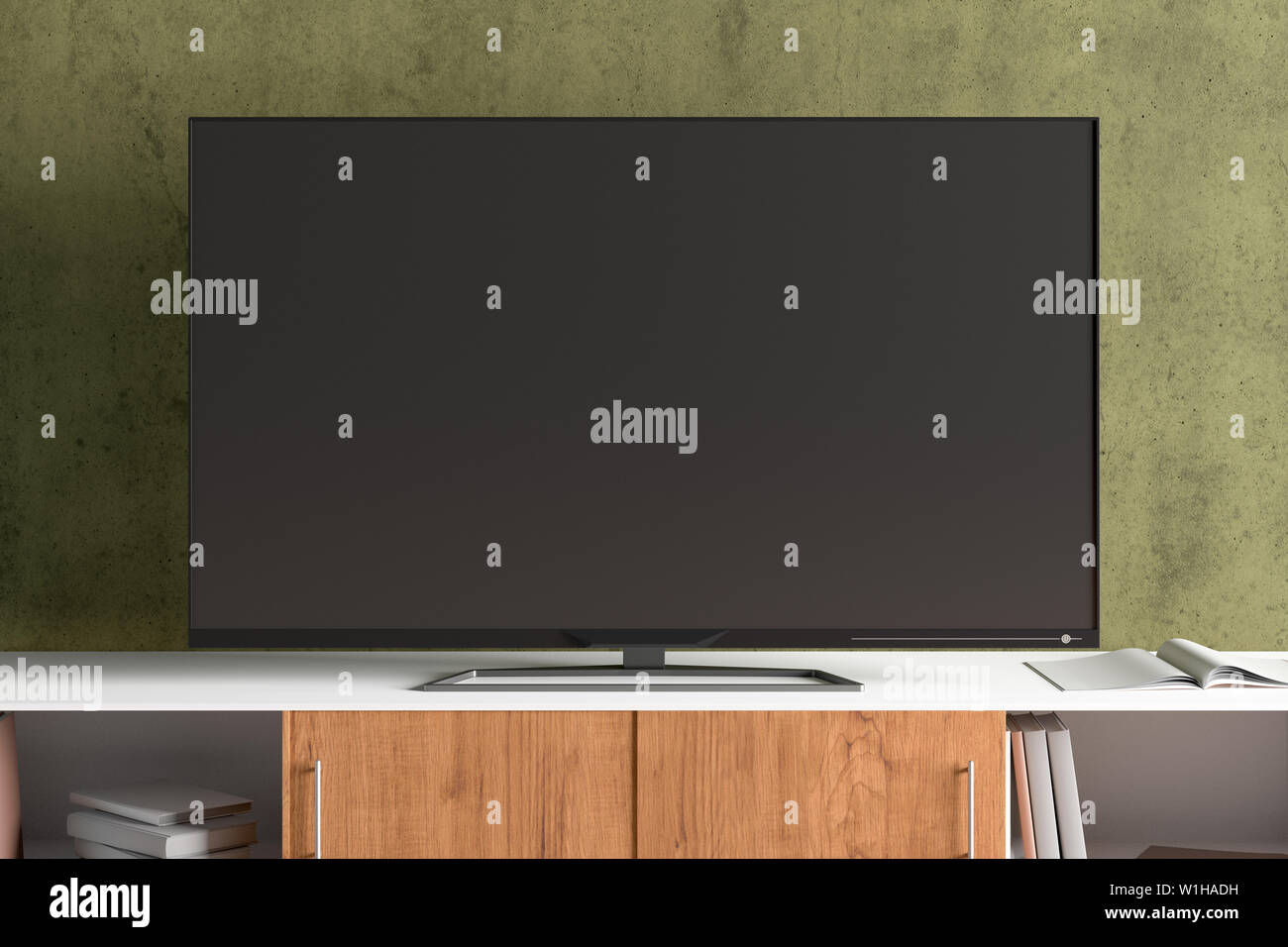 TV mock-up sul mobiletto in un moderno soggiorno con parete di sfondo gialla Foto Stock
