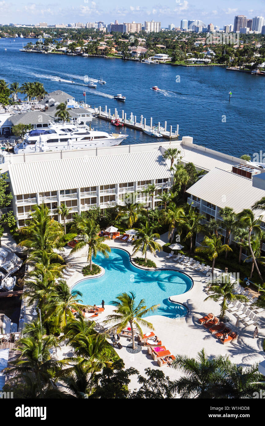 Fort ft. Lauderdale Florida,Hilton Fort Lauderdale Marina,hotel,alloggio,ospitalita',vista,Fiume Intracoastal Stranahan,piscina,paesaggio tropicale Foto Stock