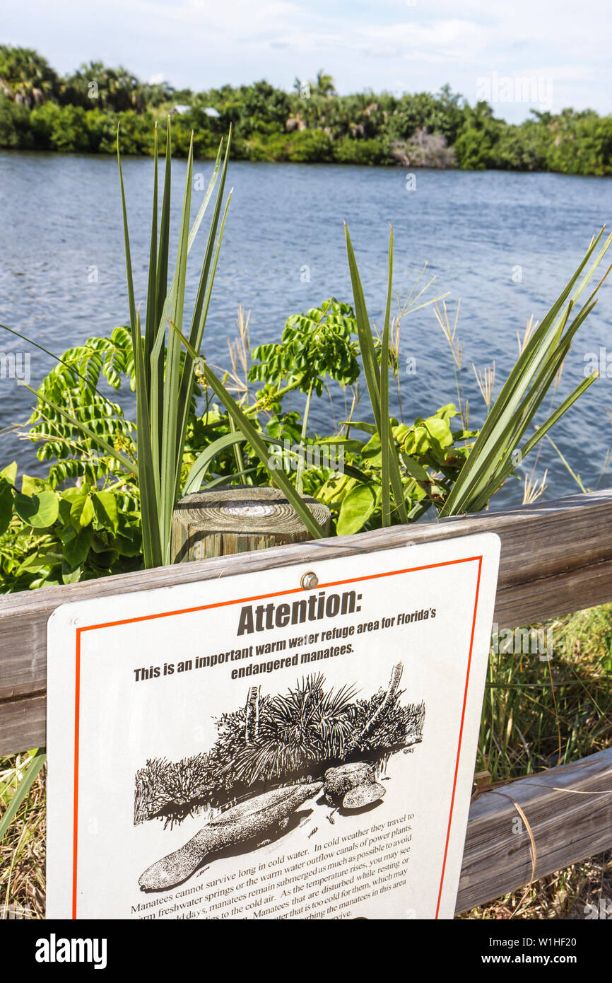 Florida Lee County, Bonita Springs, Gulf of Mexico Coast, Black Island, Carl E. Johnson Public Park, parco statale, cartello, passerella, area rifugio con acqua calda, manat Foto Stock