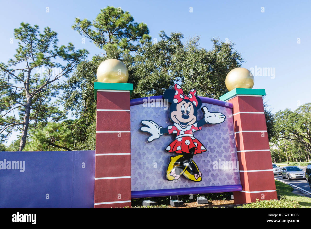Orlando Florida,Buena Vista,Walt Disney World Resort,ingresso,fronte,cartello,logo,Minnie mouse,personaggio cartoon,parco a tema,intrattenimento,pois polka,visita Foto Stock
