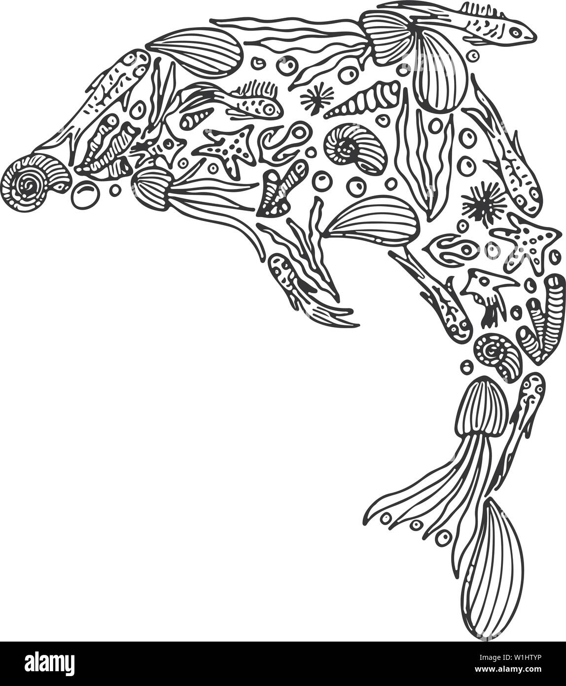 Schizzo di vita marina a forma di delfino isolati su sfondo bianco. Disegnato a mano set marino. Doodle set. Illustrazione Vettoriale