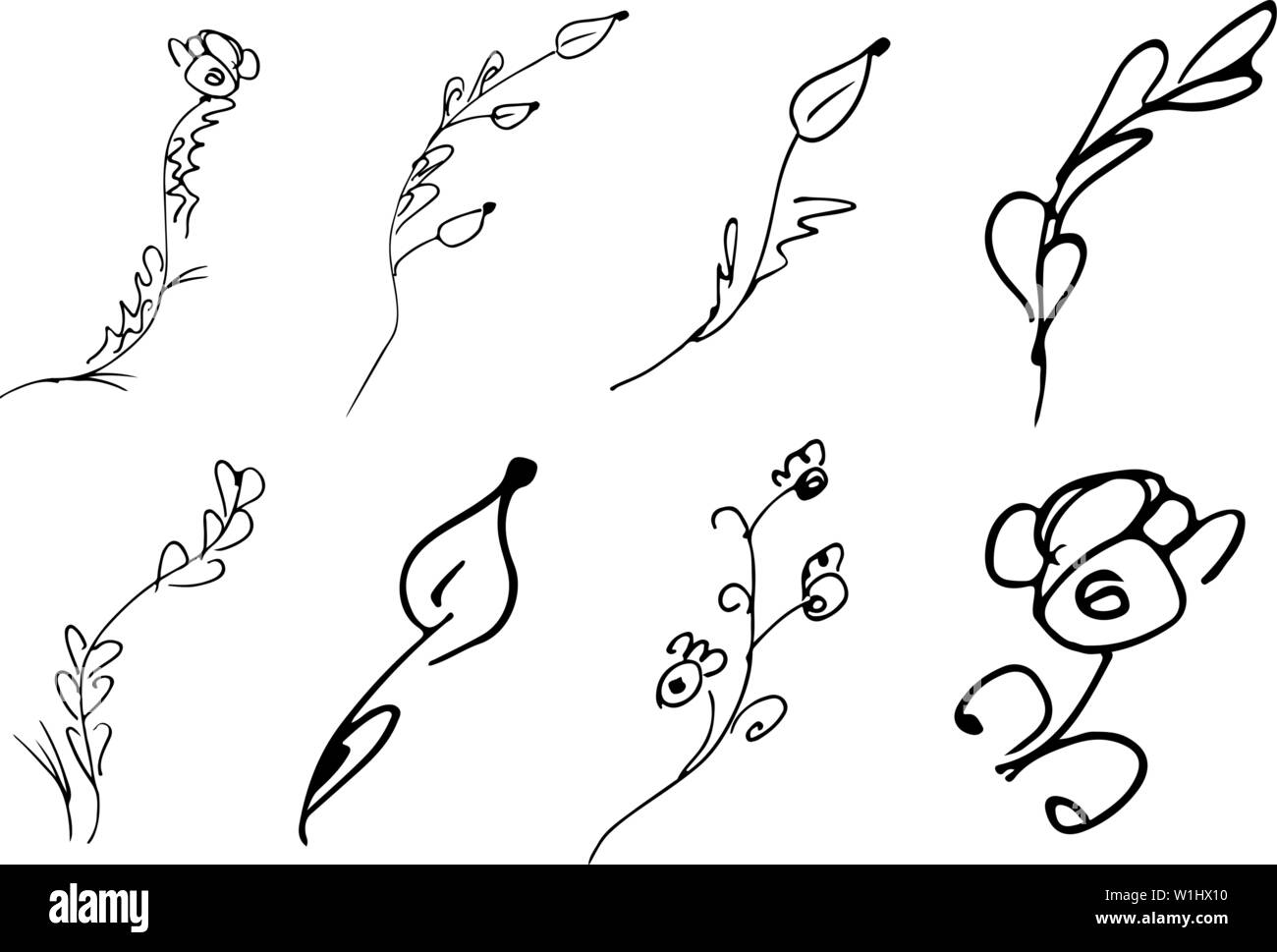 Fiori e rami disegnati a mano Collezione isolati su sfondo bianco. Floreali elementi di grafica vettoriale grande set. Doodle stile. Illustrazione Vettoriale