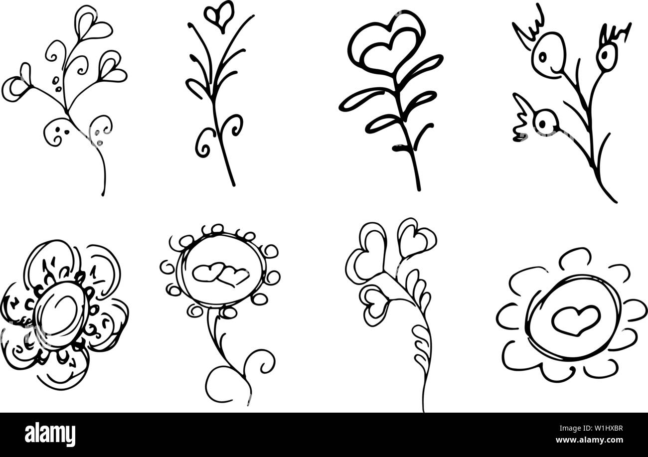Fiori e rami disegnati a mano Collezione isolati su sfondo bianco. Floreali elementi grafici. Vettore di grandi set. Raccolta di contorno. Illustrazione Vettoriale