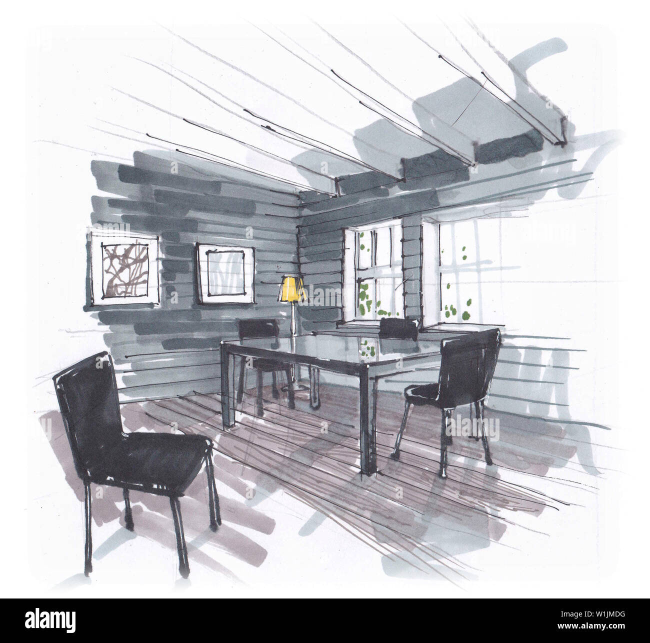 Schizzo della sala da pranzo. Il tavolo e le sedie in area con grandi finestre. dipinti sulla parete. disegnati a mano interno. Foto Stock