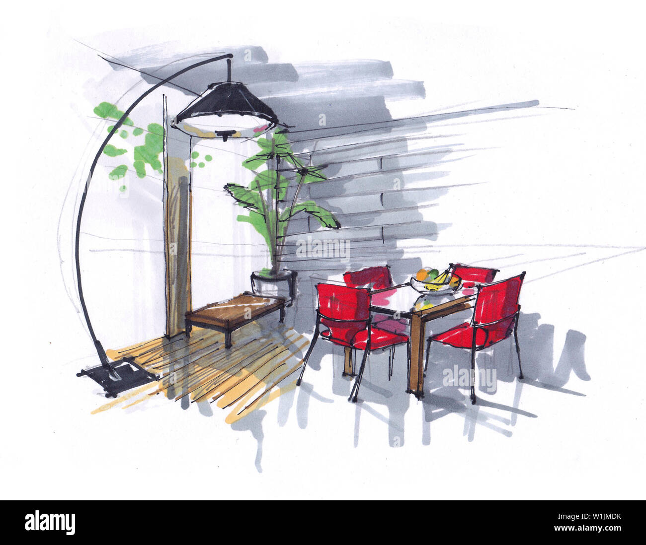 Schizzo della sala da pranzo. Fiori, tavolo e sedie rosse nella zona con grandi finestre. grandi designer lampada da terra. disegnati a mano interno. Foto Stock