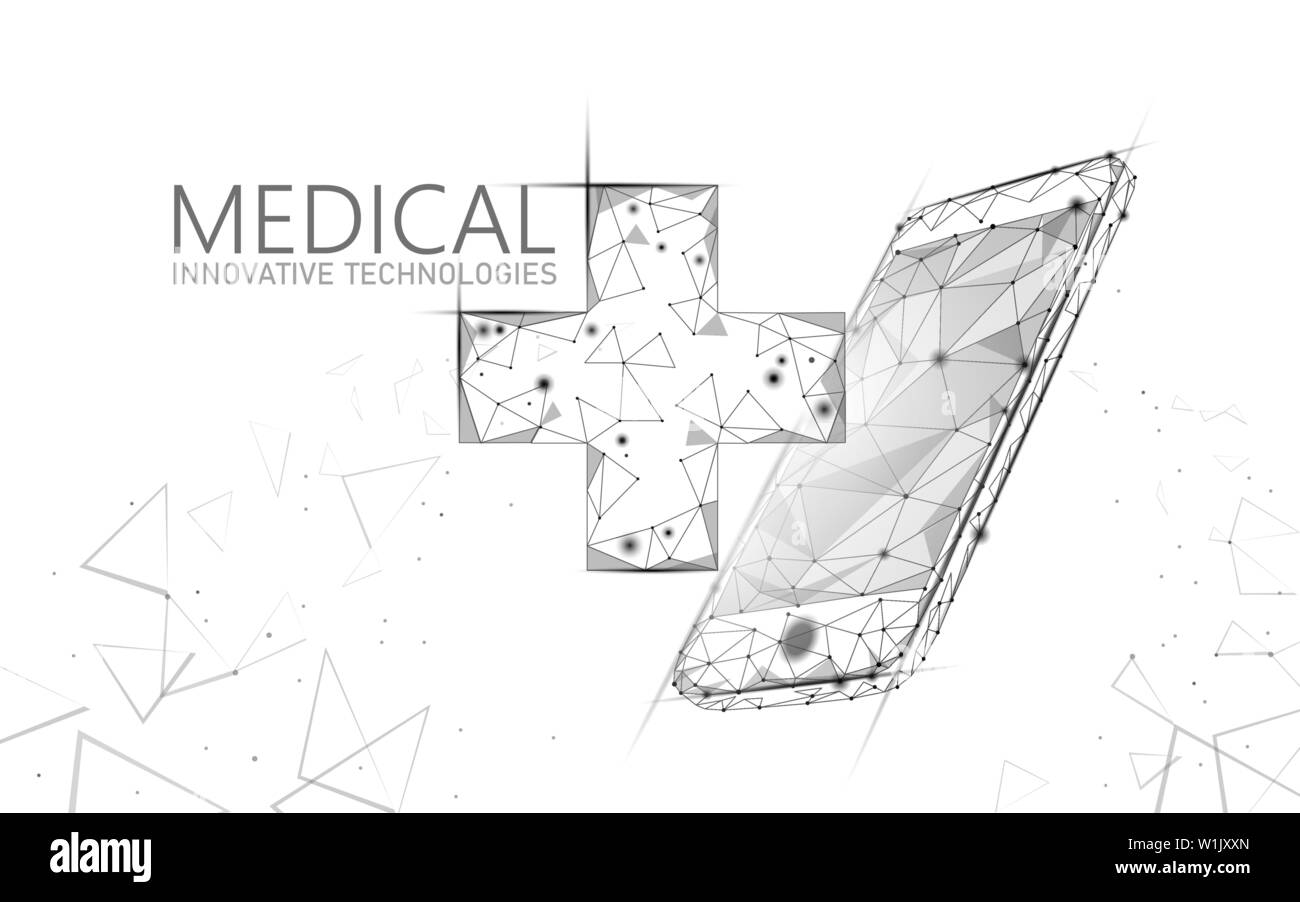 Croce medico medico simbolo on-line concept. Consultazione medica app. Web diagnosi sanitario moderno geometrico della rete ospedaliera banner. Chiamare Illustrazione Vettoriale