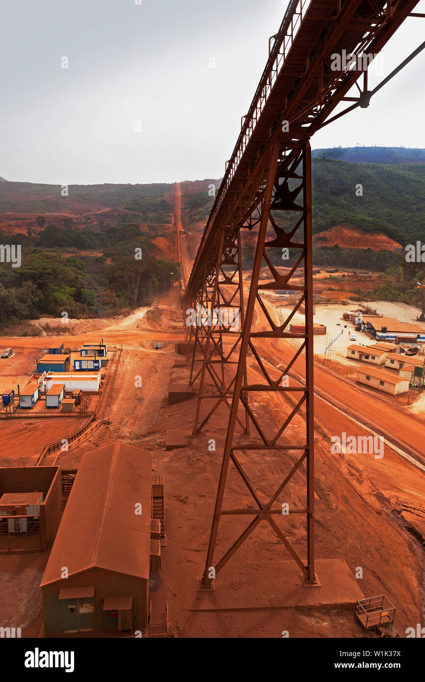 Le operazioni di data mining per il trasporto e la gestione di minerale di ferro. Da impianto di processo guardando verso l'alto e al di sotto del trasportatore di minerale al frantoio primario a lunga distanza Foto Stock