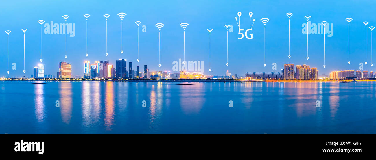 Città moderna con connessione di rete wireless concetto,Hangzhou Foto Stock