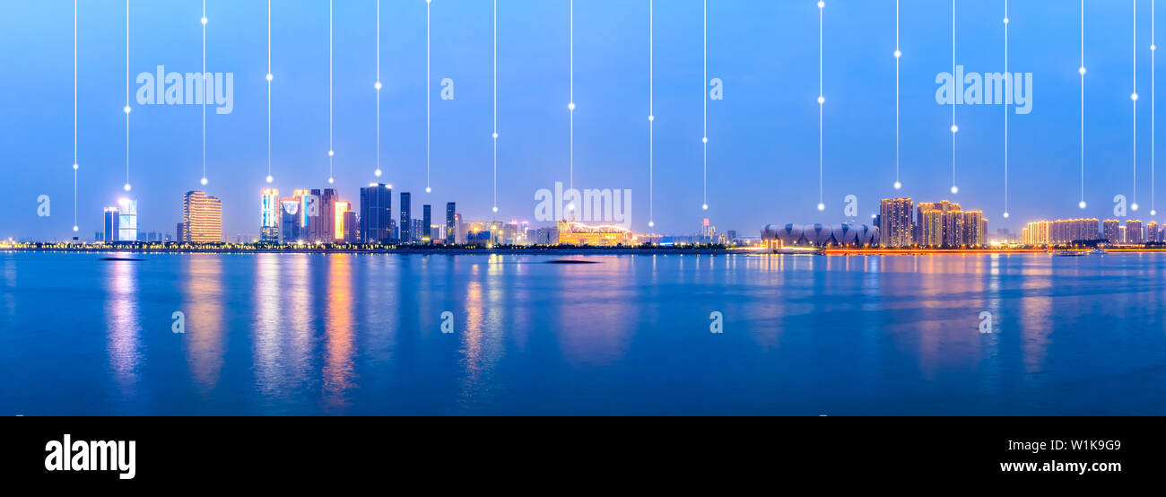 Città moderna con connessione di rete wireless concetto,Hangzhou Foto Stock