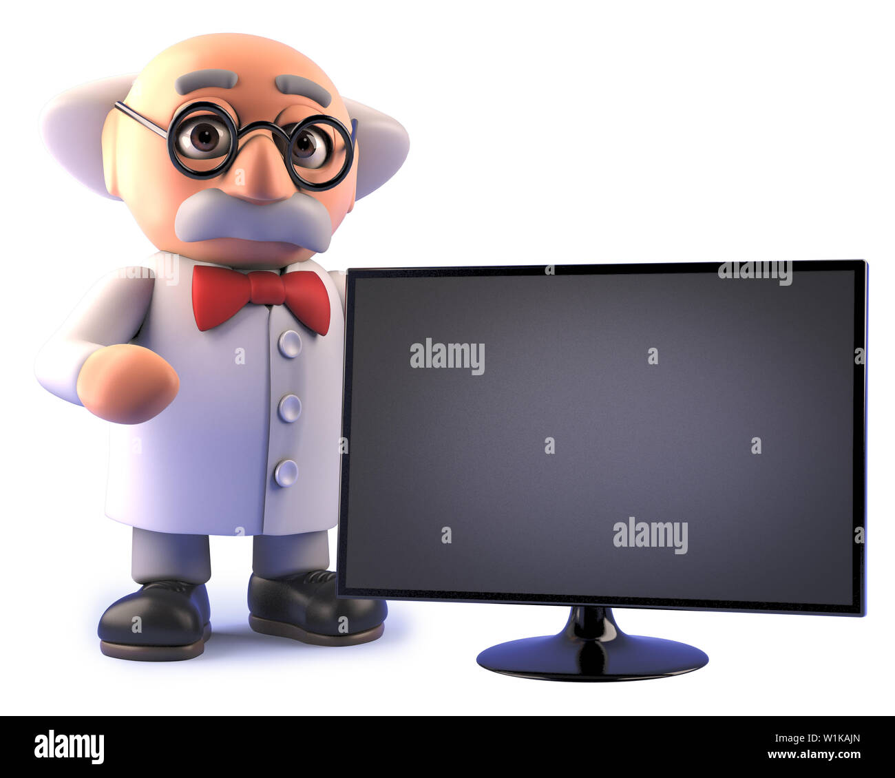 Immagine rappresentata di uno scienziato pazzo carattere con tv a schermo piatto HD TV display monitor Foto Stock