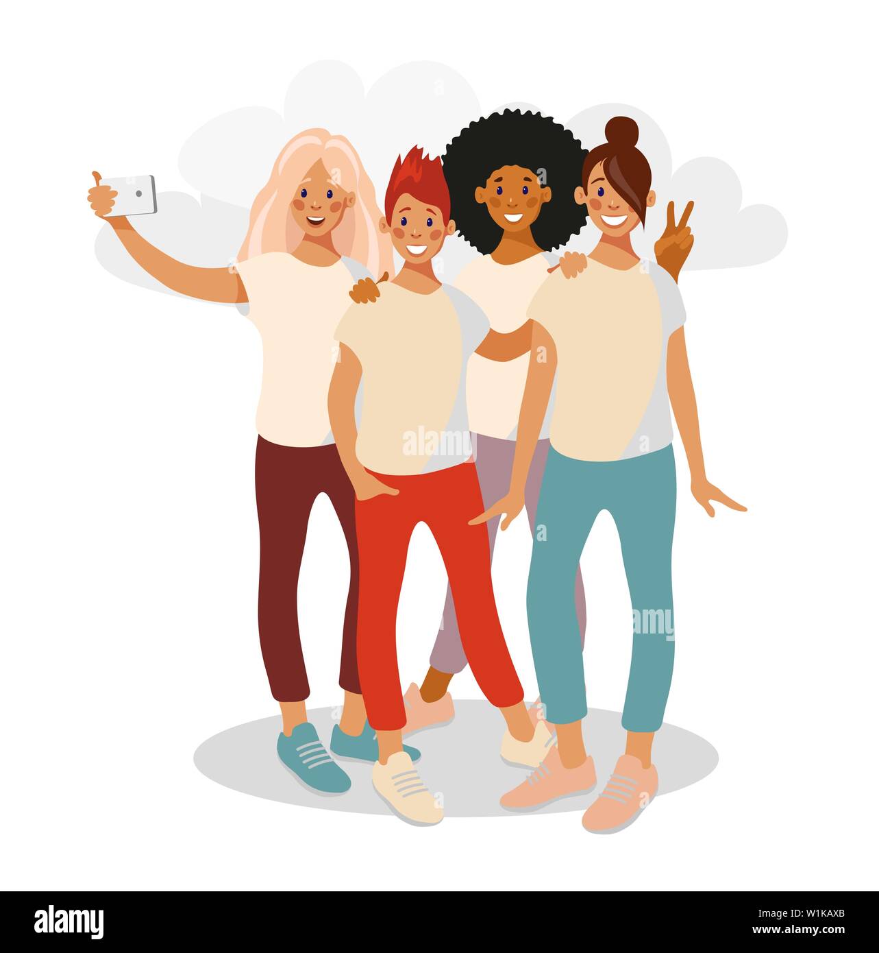 Ragazza adolescente amici prendendo un selfie sulla fotocamera del telefono. Un gruppo di quattro ragazze di diverse nazionalità fotografia selfies in abiti casual. Illustrazione Vettoriale in appartamento in stile cartone animato. Illustrazione Vettoriale