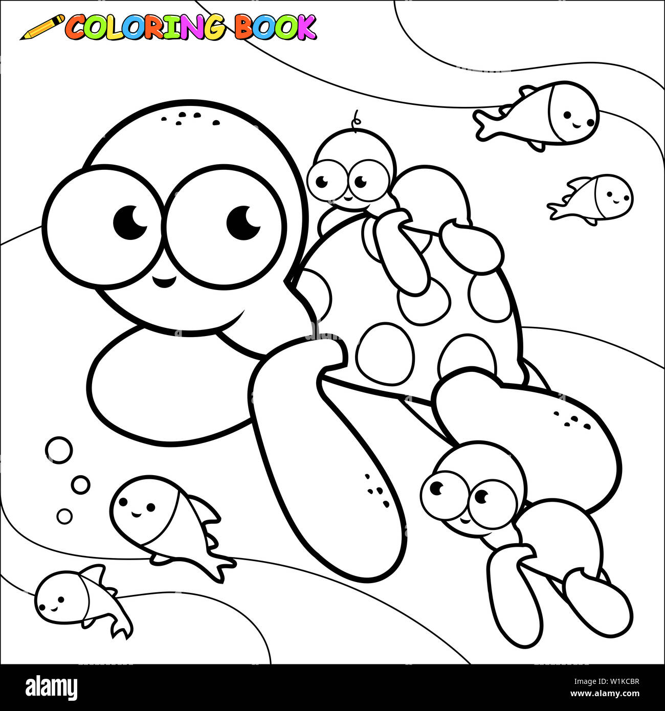 Cartoni animati di animali marini sott'acqua. Tartarughe marine e piccoli pesci che nuotano sotto il mare. Pagina da colorare in bianco e nero. Foto Stock