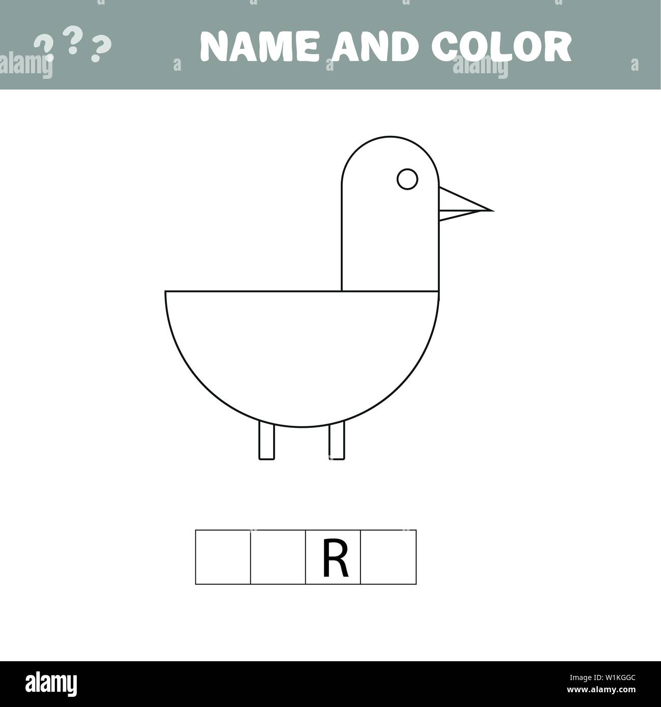 Il nome ed il colore - Foglio di lavoro per i bambini. Gioco educativo per bambini in età prescolare. Cruciverba - Bird. Illustrazione Vettoriale