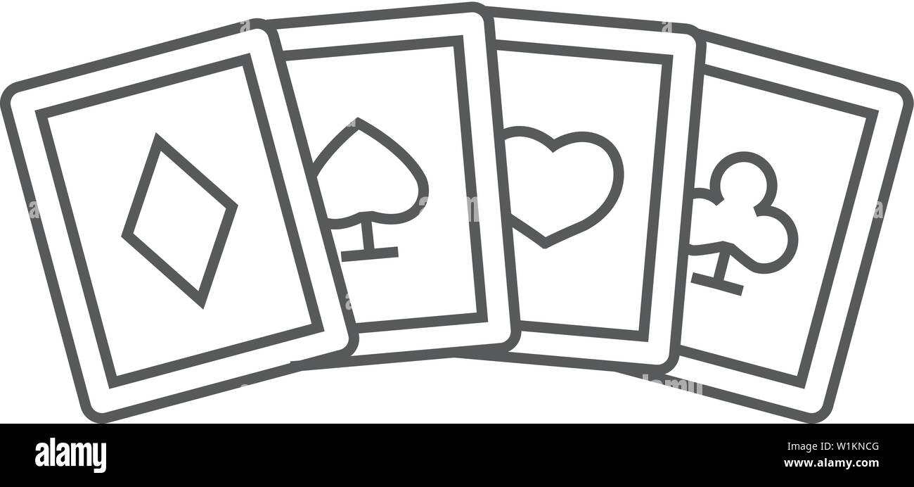 Carte da gioco icona nel contorno sottile stile. Gioco d'azzardo set per il tempo libero a forcella a forma di cuore ace Illustrazione Vettoriale
