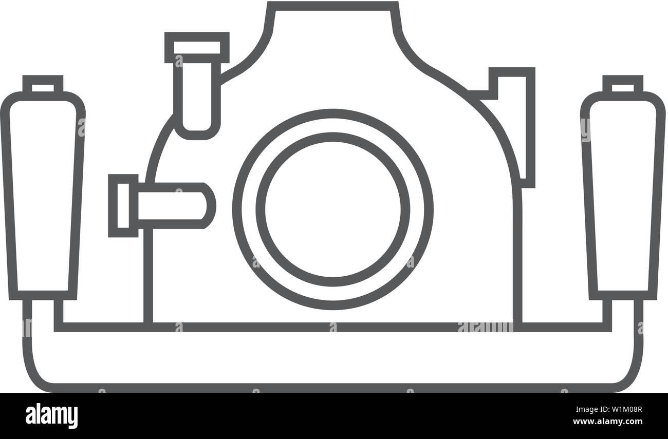 Fotocamera Subacquea icona nel contorno sottile stile. Fotografia di acqua di mare diving documentario animale Illustrazione Vettoriale