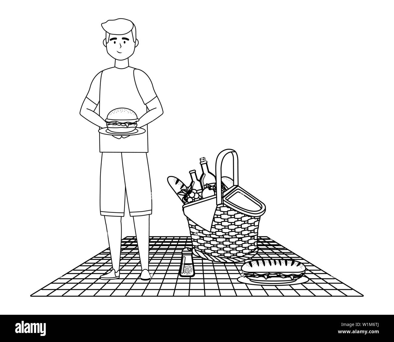 L'uomo cartoon aventi design picnic, cibo esterna di estate sano svago primavera pranzo e cena a tema illustrazione vettoriale Illustrazione Vettoriale