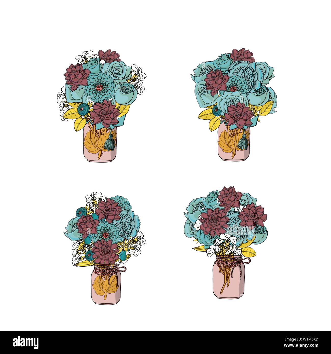 Disegnato a mano stile doodle mazzi di fiori diversi: succulento,peonia,rosa,dahlia,stock flower,pisello dolce. isolato su sfondo bianco. vettore di stock Illustrazione Vettoriale