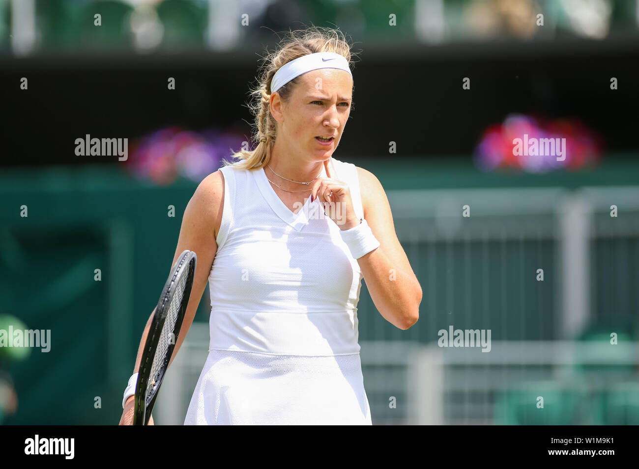 Londra, Regno Unito. 3 Luglio, 2019. Victoria Azarenka della Bielorussia durante le Donne Singoli Secondo turno match di Wimbledon Lawn Tennis Championships contro Ajla Tomljanovic dell Australia a tutti England Lawn Tennis e Croquet Club di Londra, in Inghilterra il 3 luglio 2019. Credito: AFLO/Alamy Live News Foto Stock