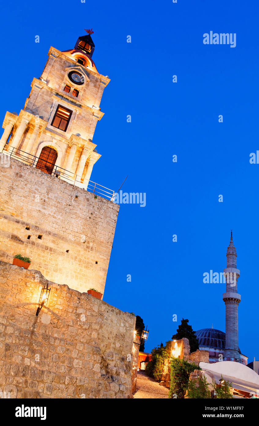 Bizantina torre orologio nella città vecchia di Rodi, rodi, Dodecanneso, Egeo Meridionale, Grecia Foto Stock