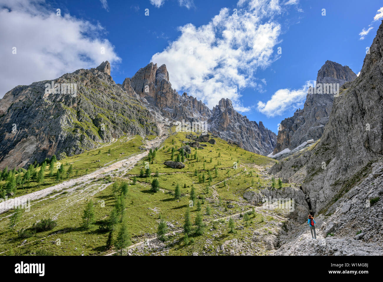 Donna escursionismo verso capanna Langkofelhuette, Sassolungo e Langkofelspitze in background, Friedrich-August-Weg, gruppo del Sasso Lungo, Dolomiti, patrimonio mondiale Foto Stock