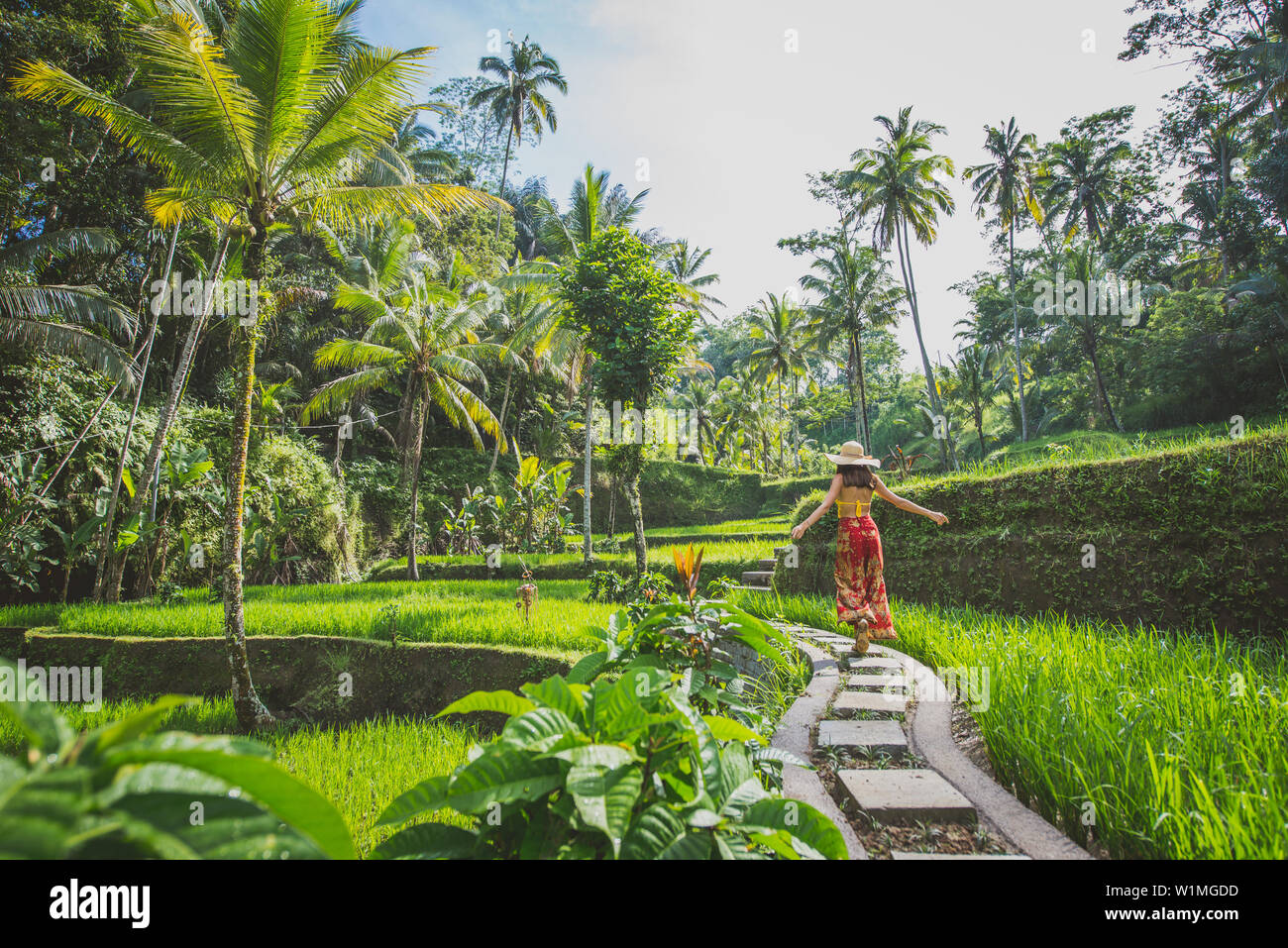 Bella ragazza visitando il Bali campi di riso in tegalalang, Ubud. Concetto di popolo, wanderlust viaggi e turismo lifestyle Foto Stock