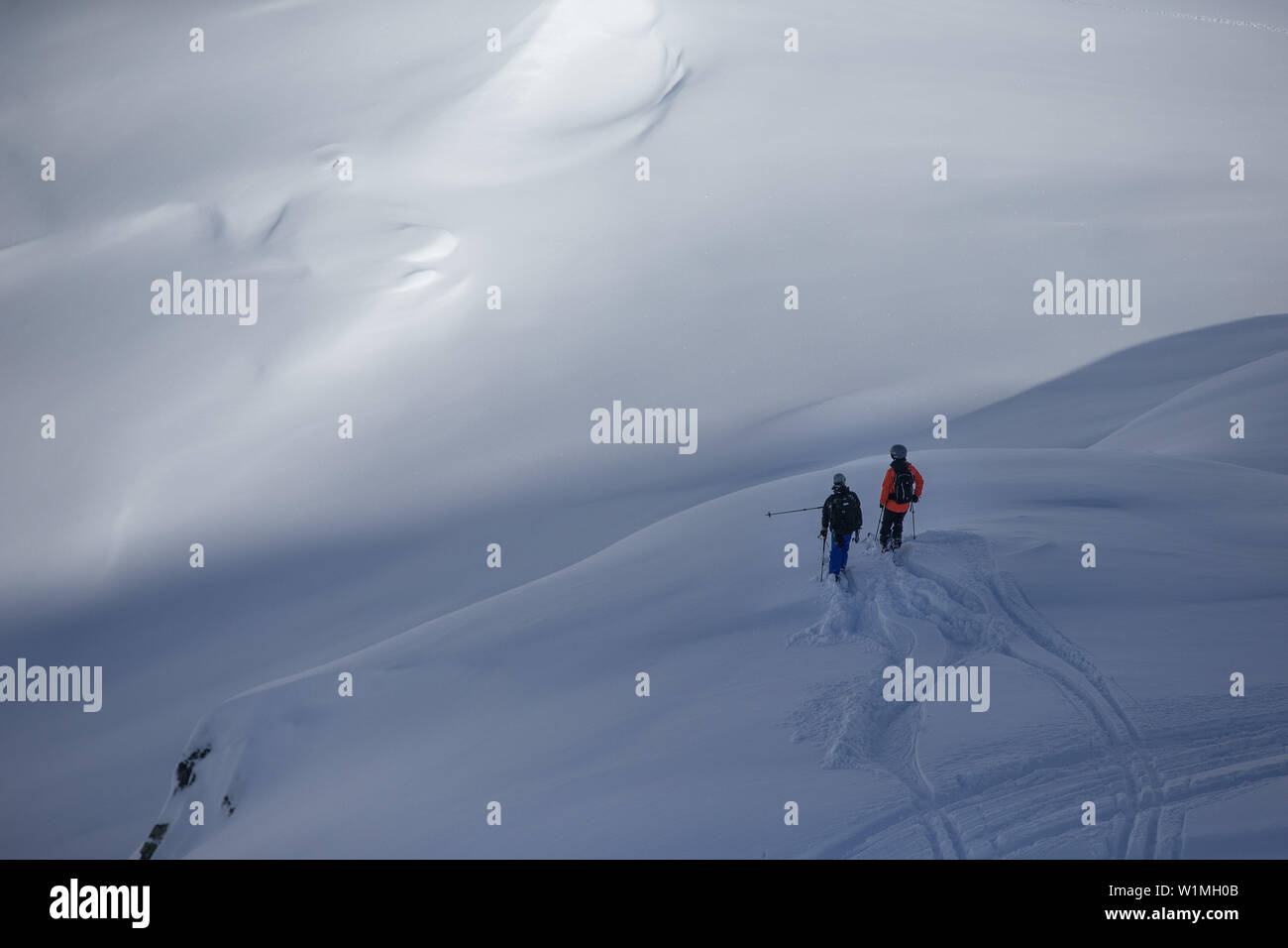 Due giovani sciatori piallare il loro riga successiva nel profondo snwo polvere oltre i pendii, Andermatt, Uri, Svizzera Foto Stock