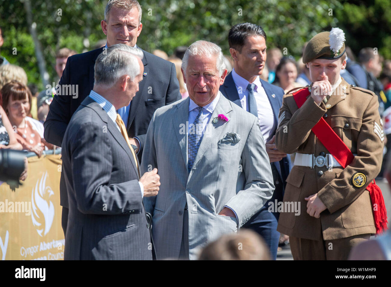 Swansea, Wales, Regno Unito. 03 Luglio, 2019. Il principe Charles, Principe di Galles visite Victoria Park a Swansea oggi per celebrare il cinquantesimo anniversario della Swanseas il raggiungimento di status di citta. Credito: Phil Rees/Alamy Live News Foto Stock