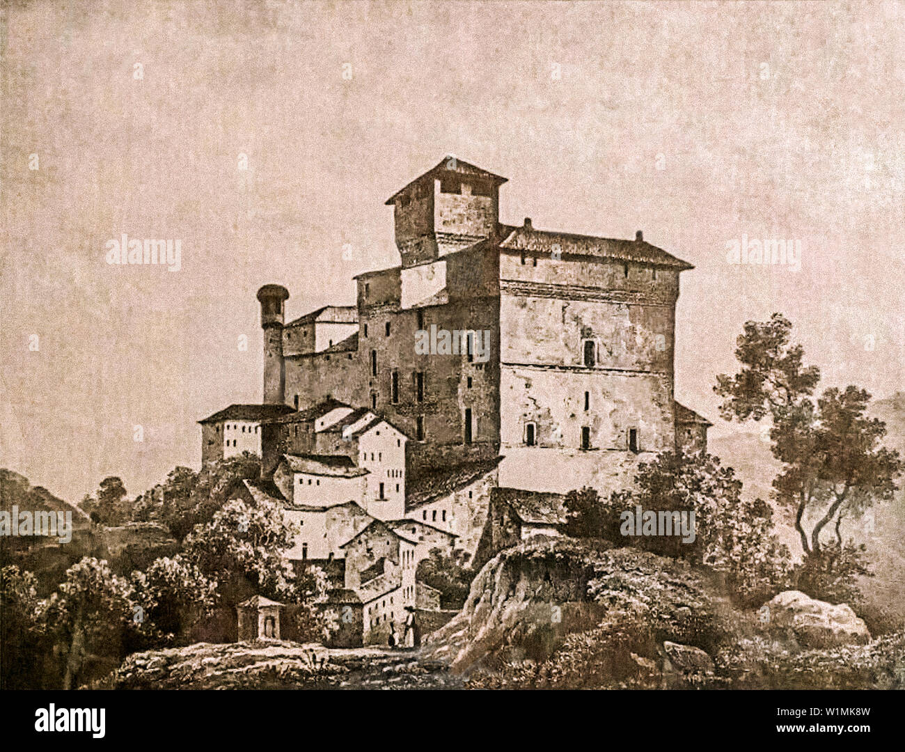 Il castello di Grinzane in una antica stampa nel XIX secolo Foto Stock