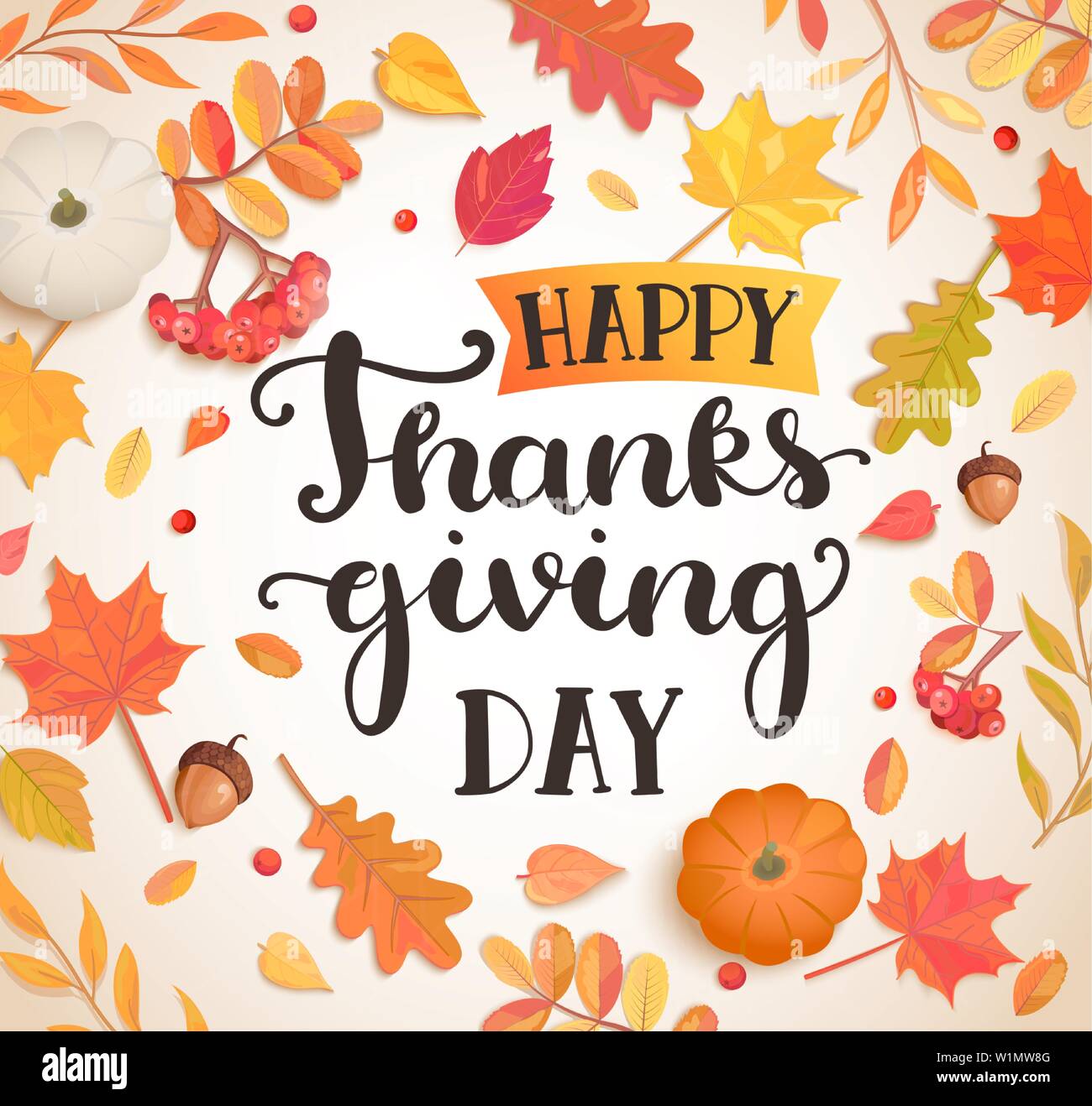 Felice giorno del ringraziamento un poster o un banner. Autunno congratulazioni con sparse stagionale lascia cadere, rowan, zucca, ghiande. Perfetto per stampe,volantini, Illustrazione Vettoriale