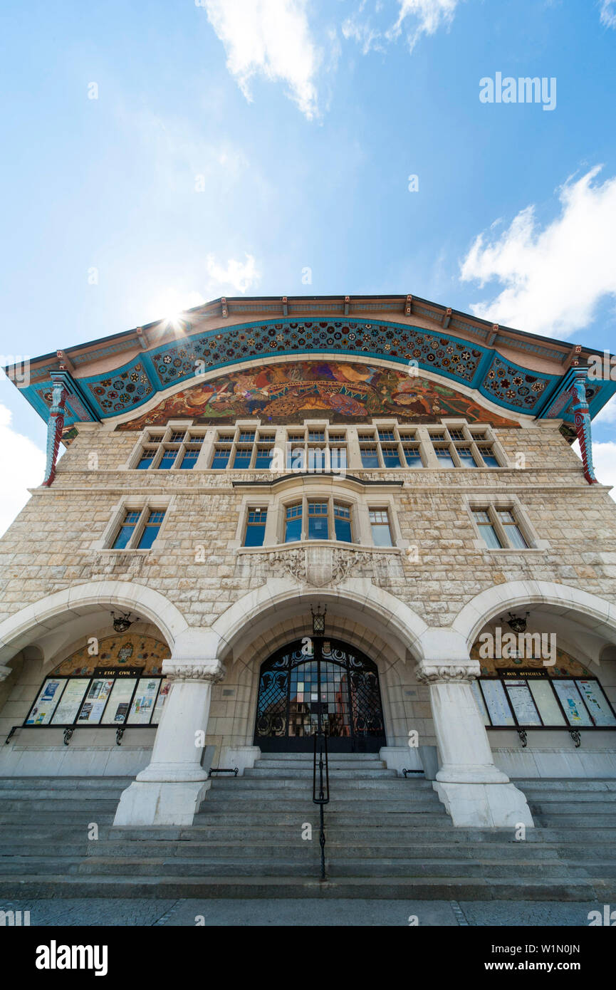 Art Nouveau Guild Hall, Le Locle, Sito Patrimonio Mondiale dell'UNESCO La Chaux-de-Fonds / Le Locle urbanistica, il cantone di Neuchâtel, Svizzera Foto Stock