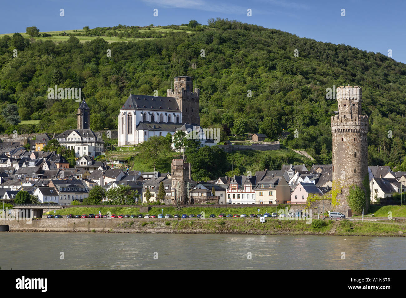 Vista sul Reno a Oberwesel, Valle del Reno superiore e centrale, Rheinland-Palatinate, Germania, Europa Foto Stock