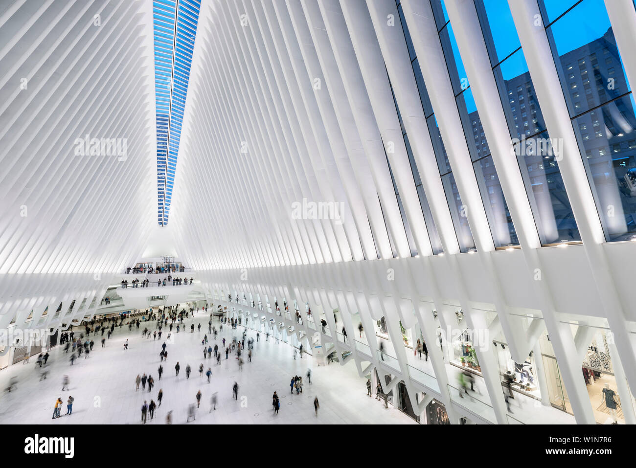 L'occhio, visualizza in basso a passeggeri, futuristica Stazione ferroviaria dal famoso architetto Santiago Calatrava accanto al WTC Memorial, Manhattan, New York City, U Foto Stock