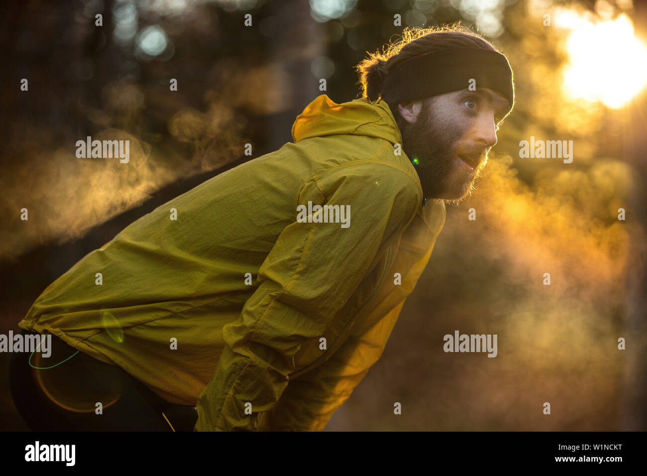 Giovani runner maschio avente una breve pausa in una foresta, Allgaeu, Baviera, Germania Foto Stock