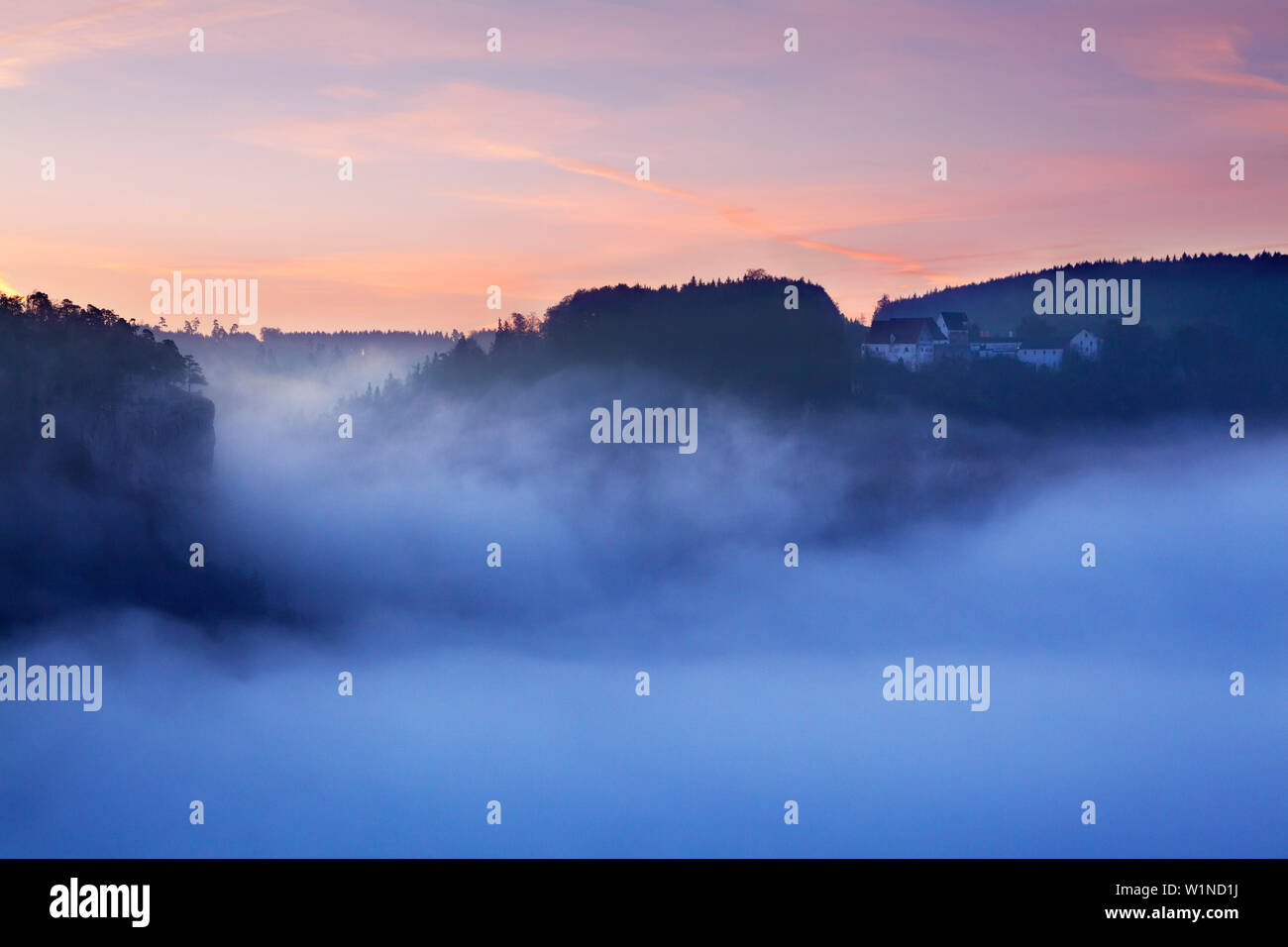 Vista del castello di Wildenstein, Danubio superiore Natura Park, Baden-Wuerttemberg, Germania Foto Stock