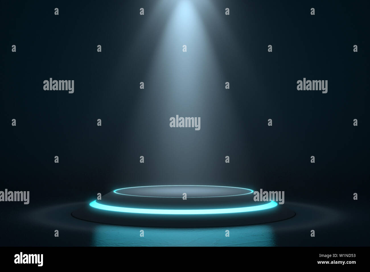 Piedistallo esagonale per la visualizzazione. Vuoto prodotto stand con luce soffusa. Il rendering 3D Foto Stock