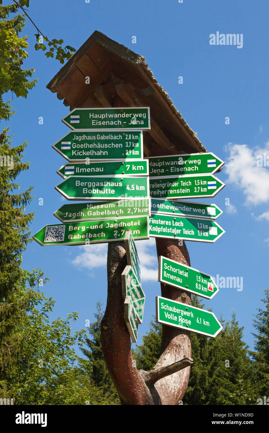 Cartello in un sentiero escursionistico, vicino Stuetzerbach, parco naturale Thueringer Wald, Turingia, Germania Foto Stock