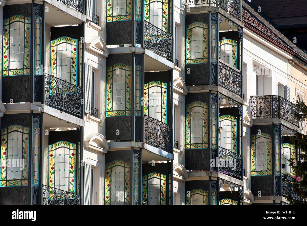 Balconi in stile liberty, La Chaux-de-Fonds, un sito Patrimonio Mondiale dell'UNESCO La Chaux-de-Fonds / Le Locle urbanistica, il cantone di Neuchâtel, S Foto Stock