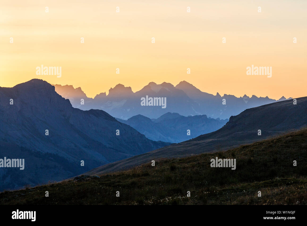 La barre des Ecrins, Ecrins-Mountains, Parco Nazionale degli Ecrins, Dauphiné-Alps, Alpi occidentali, Departement Hautes-Alpes, Regione Provence-Alpes-Côte d'Azur, Foto Stock